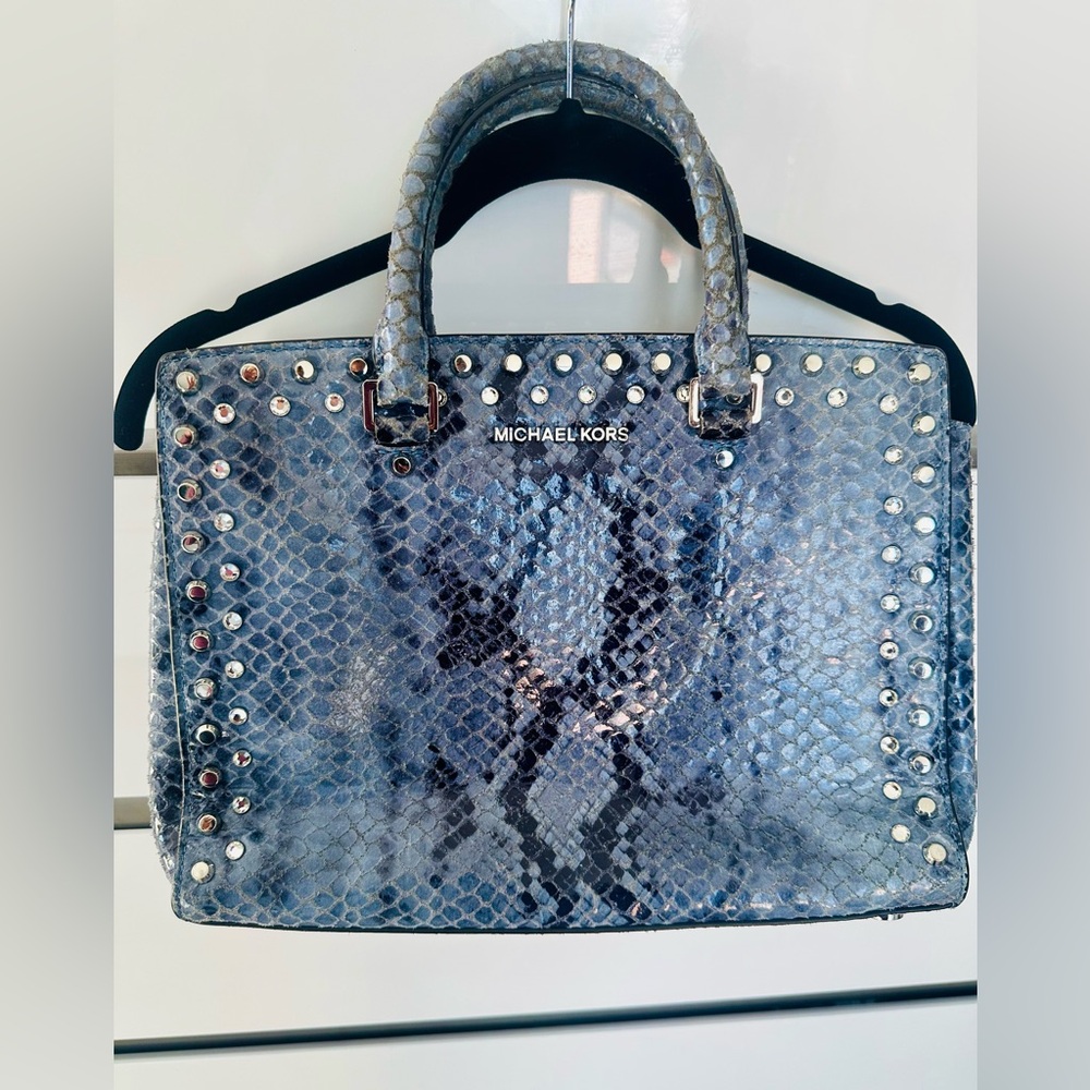 Michael Kors Metallic Blue Snake Print Tote